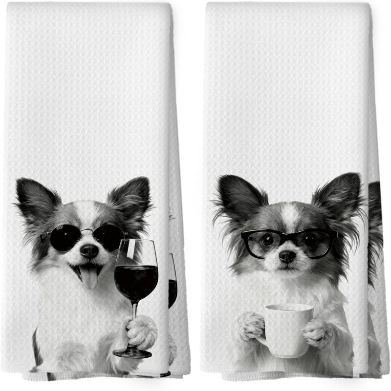 Mcehtle Funny Papillon Kitchen Towels Set of 2, Funny Dog Kitchen Accessories, Coffee Wine Station Decor, Dog Chef Gift Hand Towel, Dining Room Decorative Tea Towel Dish Towels 16x24 Inch - Image 1
